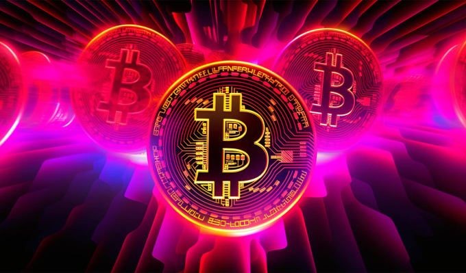 Glowing red and orange Bitcoin symbols on digital coins with neon lights and abstract background.